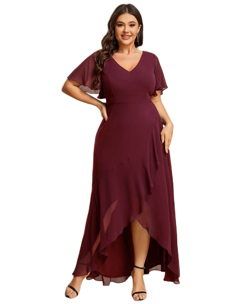 Front of a model wearing a size 26 Charming Chiffon Bridesmaid Dress with Lotus Leaf Hemline in Burgundy by Ever-Pretty. | dia_product_style_image_id:301725